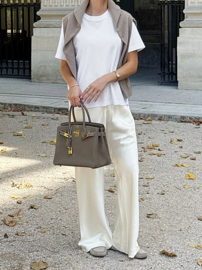 New straight leg pants with satin finish, high waisted and drooping casual pants