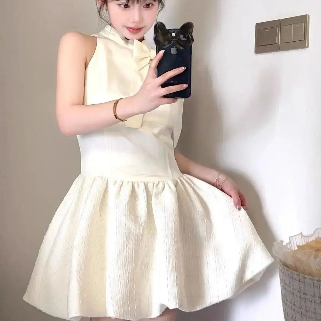 Dress Bow French Style High-End Daughter Summer New Style Waist Slimming Sleeveless Puffy Skirt
