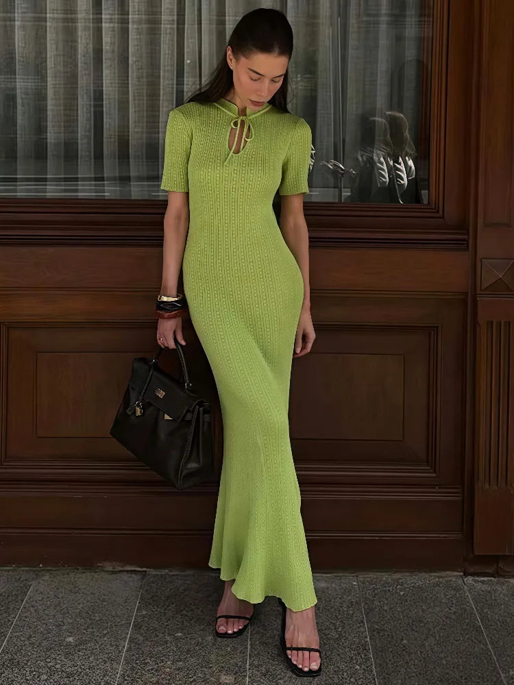 Hollow Out Knitted Short Sleeve Maxi Dress Women's Crew Neck Tie Solid Color Slim Long Dress Summer Casual Streetwear