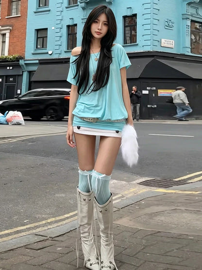 Sexy Diagonal Collar Dress Women Backless Bandage Short Sleeve Solid Loose Simple Classic Street Sexy Hottie Bodycon