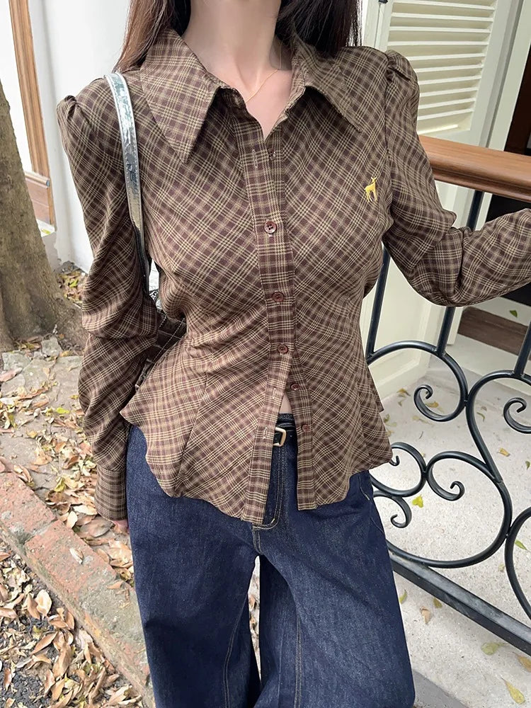 Vintage Plaid Shirt Women Brown Embroidered Waistband Tied Blouse Puff Sleeve Tops Spring Slim Button Up Clothes Chic