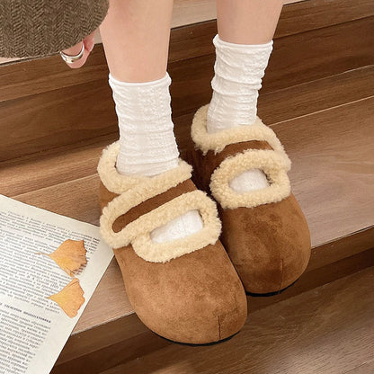 Female Shoes Breathable Winter Cotton Thick Warm Plush Fur Simple Buckle Moccasin Anti-Slippery Autumn New Hot Retro