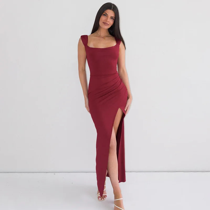 Square Neck Slim Slit Long Dress For Women Sleeveless Irregular High Waisted Backless Summer Solid Color Evening Dress