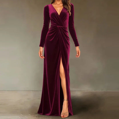 Velvet Dress for Women Autumn Winter New V-neck Slim Twist High Waist Evening Dress Sexy Solid Color Pleated A-line Dresses