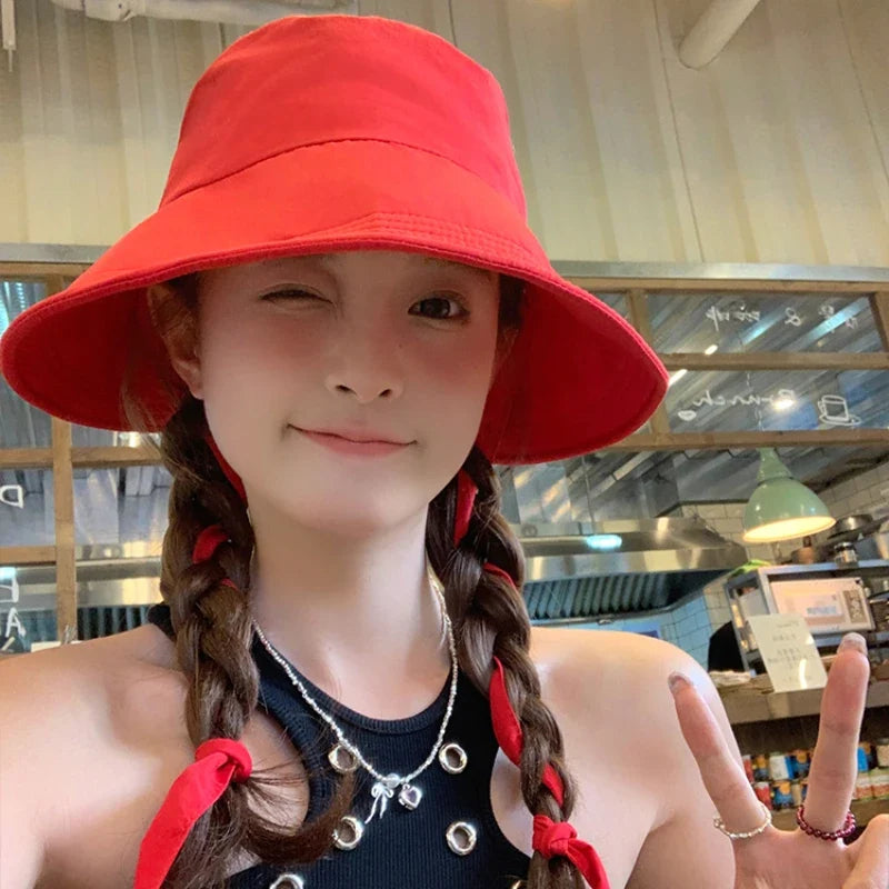 Korean Retro Red Strap Bucket Hats Summer Travel Versatile Sunscreen Show Face Small Sweet Beautiful Women's Caps