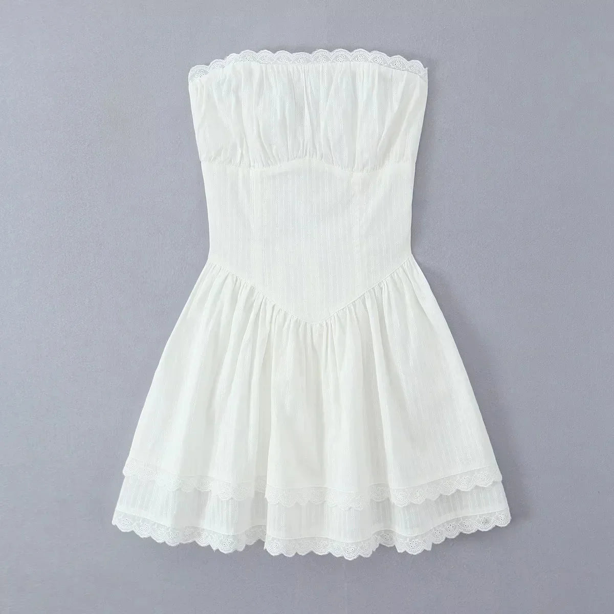 Lace Trim Patchwork White Dresses For Women New Strapless Sleeveless Tiered Mini Dress Summer Sweet Fashion Sexy A-line Vestidos