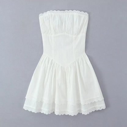 Lace Trim Patchwork White Dresses For Women New Strapless Sleeveless Tiered Mini Dress Summer Sweet Fashion Sexy A-line Vestidos