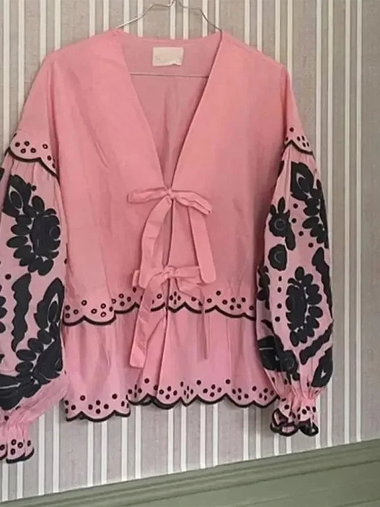 Women's New Fashionable Casual V-neck Lace Up Lantern Sleeve Shirt Embroidered Print