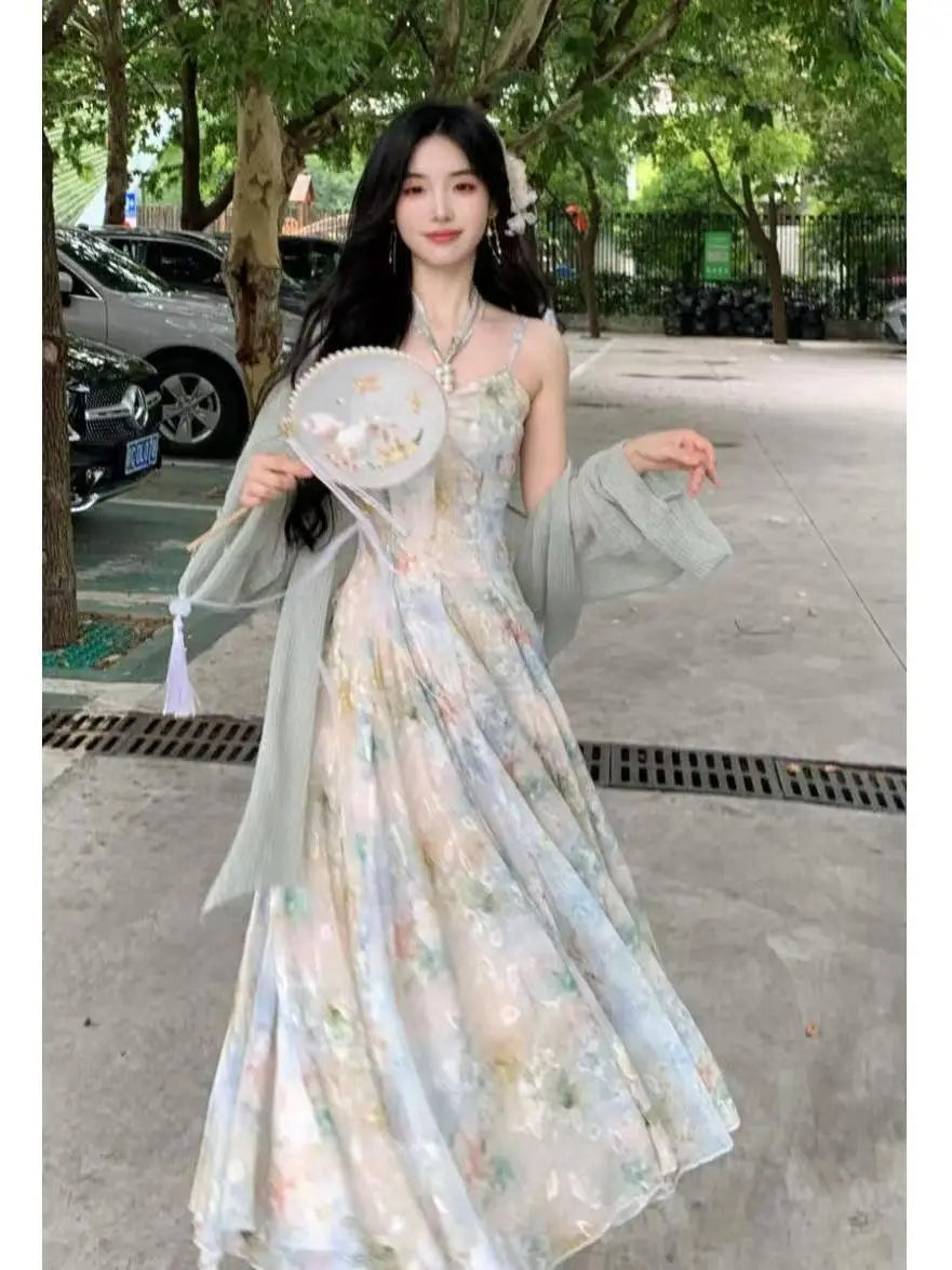 New Design Large Size Women's Dress Set Neck Hanging Strap Dress Meat Hiding Cardigan Unique And Beautiful Casual Wear
