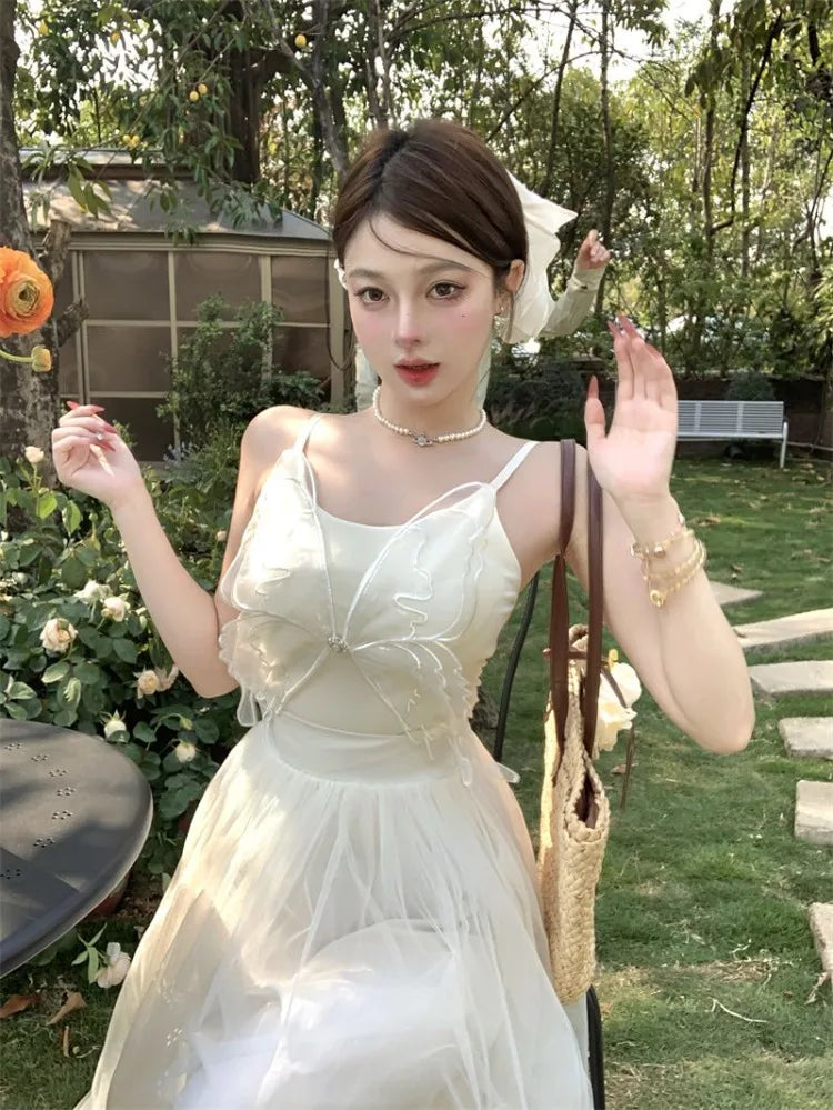 Woman Dress Sleeveless Butterfly Mesh Patchwork Slim Backless Holiday Princess Sweet Elegant Dresses Female Chic