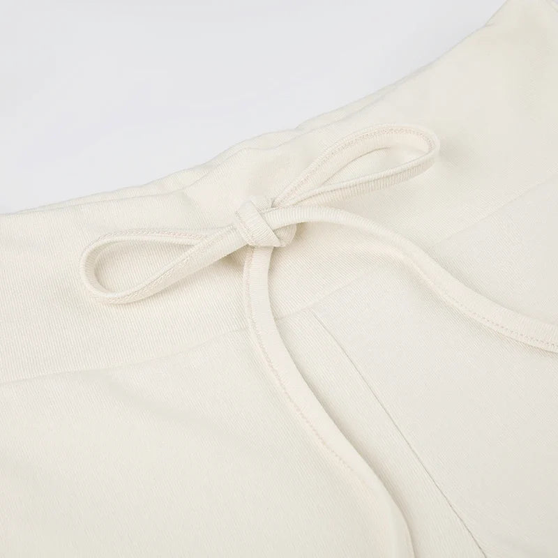 Drawstring Solid Women Slacks Turndown Waist Straight Casual Pants Concise Knitted Sweatpants All-matched Trousers Home