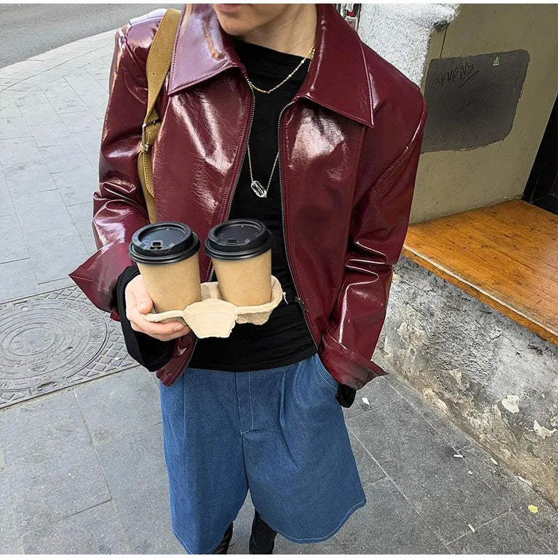 Women Elegant Ancora Red Zipper Leather Jacket 2 Piece Set Fashion High Waist Solid Cropped Mini Skirt Suit Lady Streetwear