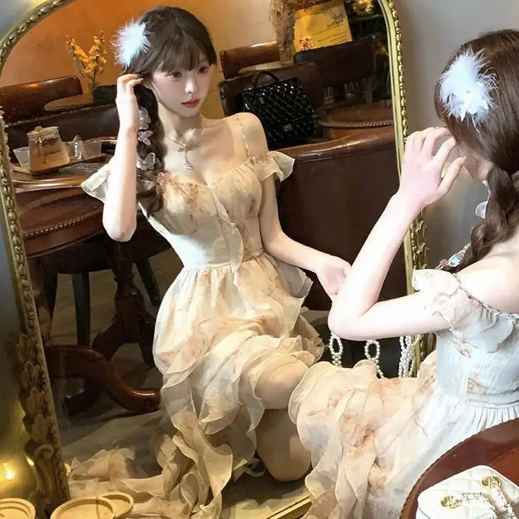 Irregular Romantic Dress Halter Floral Figure Flattering Puffy