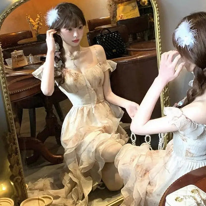 Irregular Romantic Dress Halter Floral Figure Flattering Puffy
