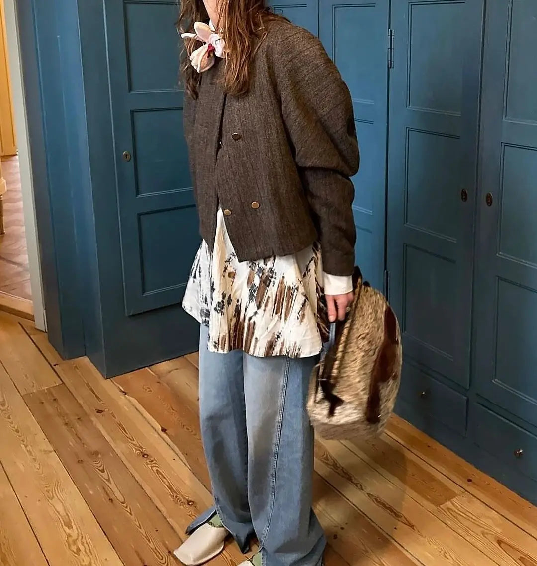 Elegant Solid Round Neck Women's Wide Shoulder Coat Vintage Long Sleeved Double Breasted Jacket Classic Commut Ladies Streetwear