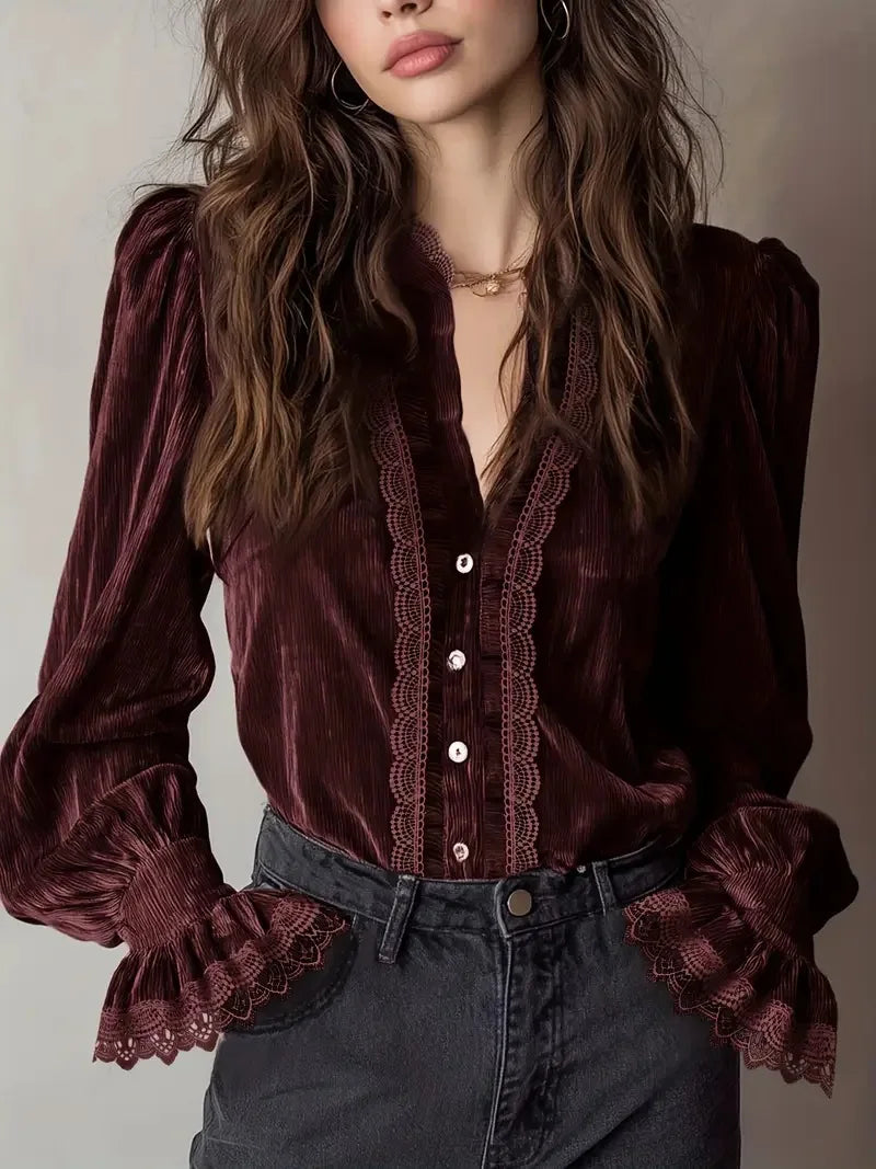 Women's Velvet Blouse Victorian High Neck Ruffle Lace Puff Sleeve Button Down Top Vintage Party Casual Blouse