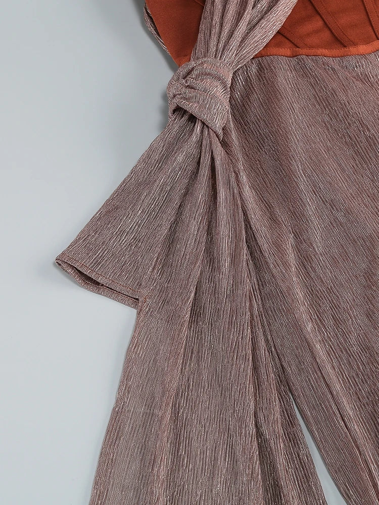 One Shoulder Draped Glitter Corset Maxi Gown