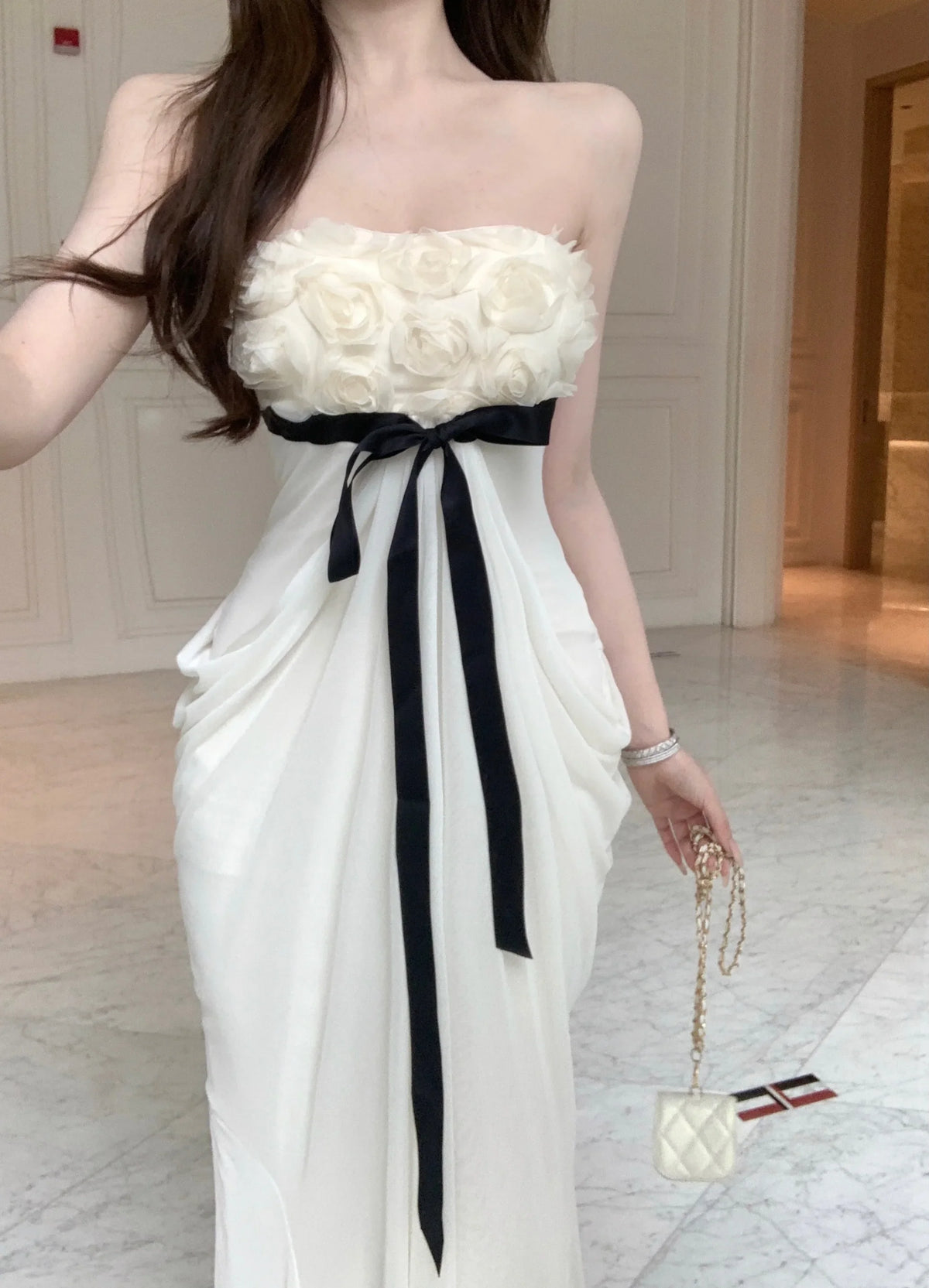 Romantic Sexy Strapless Bodycon Dress with Knot Silk Ribbon High Waist Slimming Long Evening Gown for Women