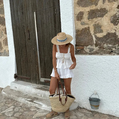 White Ruffle Shorts Sets Square Collar Sleeveless Drawstring Tank Tops+Shorts Summer Casual Simple Suits For Women 2 Piece Set