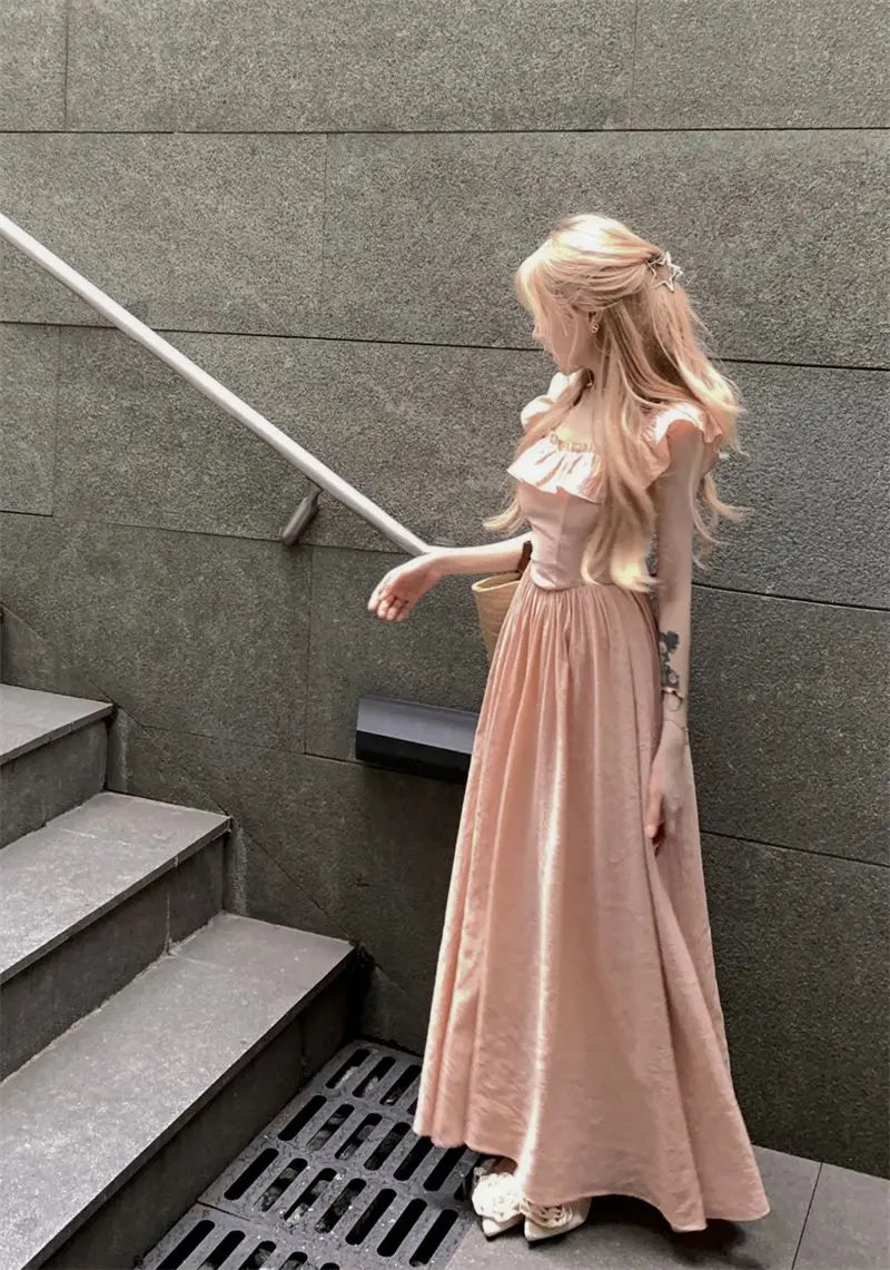 Sweet Gentle Square Neck Dress Summer New Temperament Waist-sharp Mid-length Dress