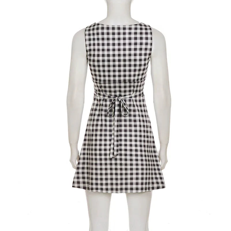 Elegant Women A Line Short Dress Fashion O Neck Plaid Print Sleeveless Tie Waist French Retro Casual Summer Mini Dress
