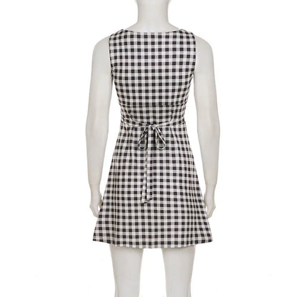 Elegant Women A Line Short Dress Fashion O Neck Plaid Print Sleeveless Tie Waist French Retro Casual Summer Mini Dress