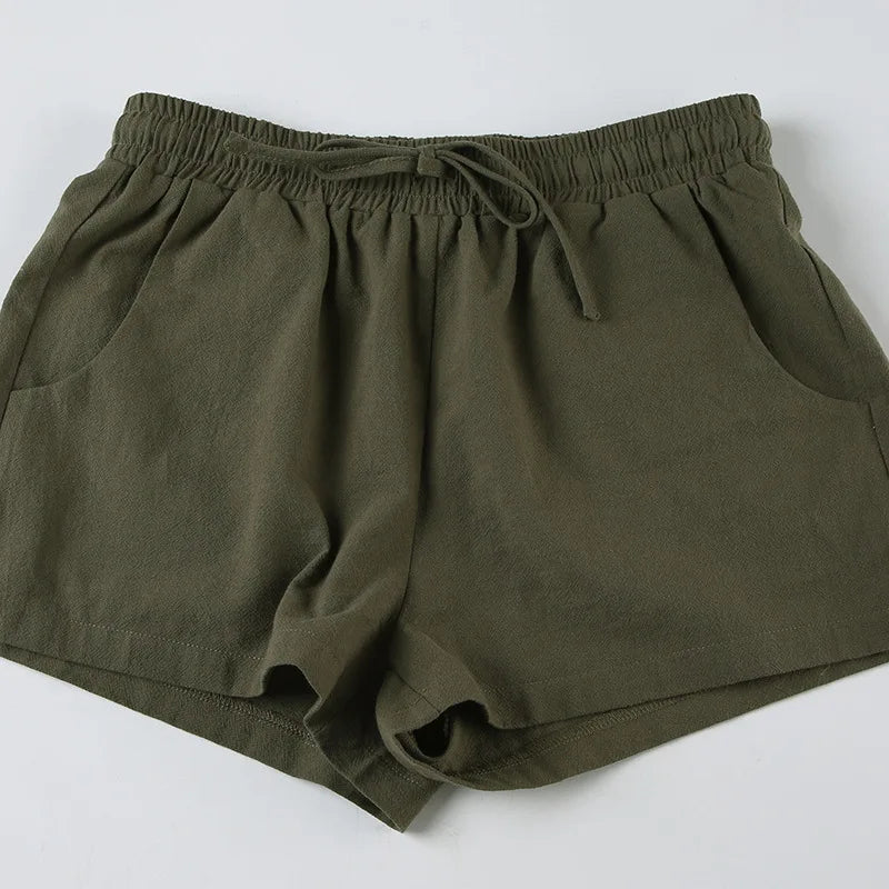 Summer Cotton Linen Short 2 Piece Sets for Women Sexy Spaghetti Strap Tops and Drawstring Short Sets Female Casual Matching Sets
