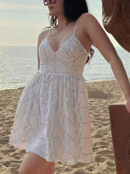 Summer Elegant Embroidery Sling Mini Dress For Women Holiday Sleeveless Backless V-Neck Pocket Side Zipper Causal Dresses