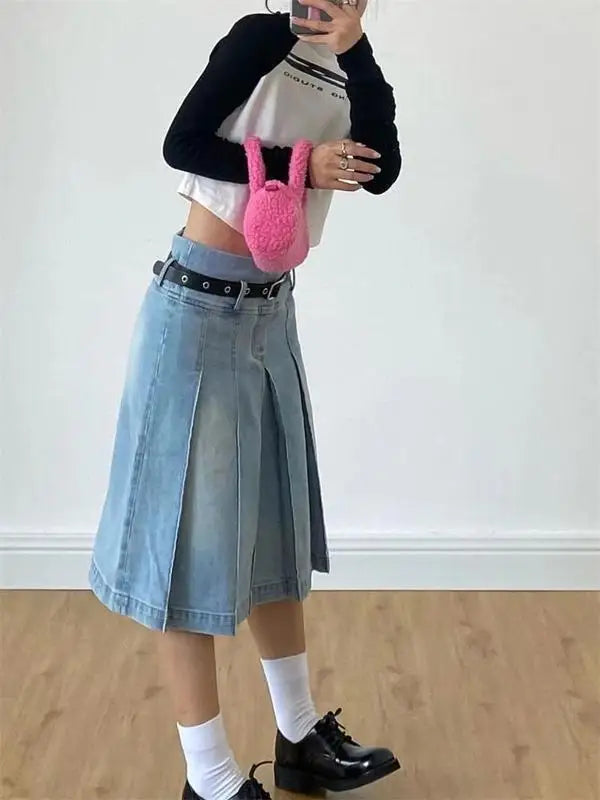Denim Pleated Skirt High Waist Y2k Streetwear Women Vintage A-Line Distressed Knee-Lenght Jeans Skirt Japanese Fashion Versatile