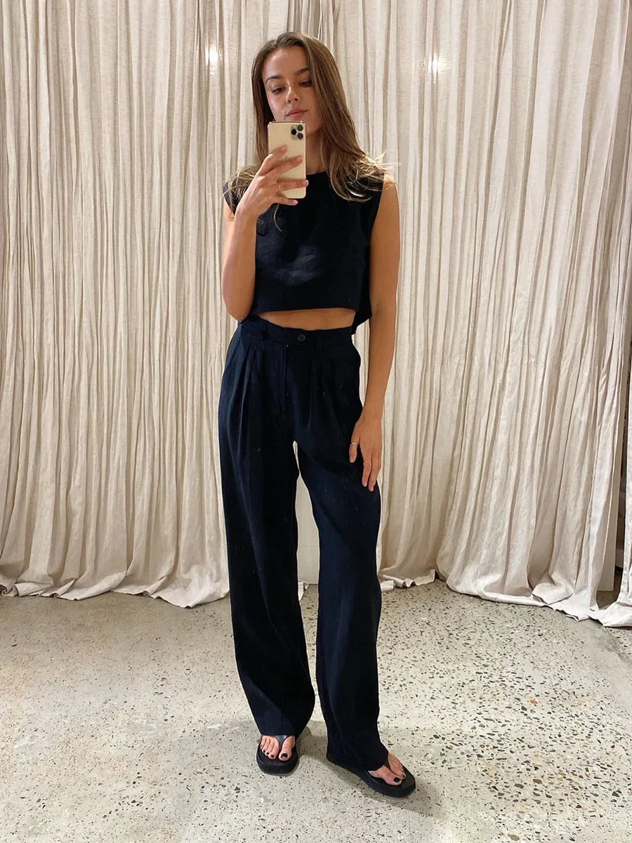 Women's Summer Cotton Linen Vest Pants Set Office Lady Chic Short Vest Casual Trousers Female Loose Long Pants Suits