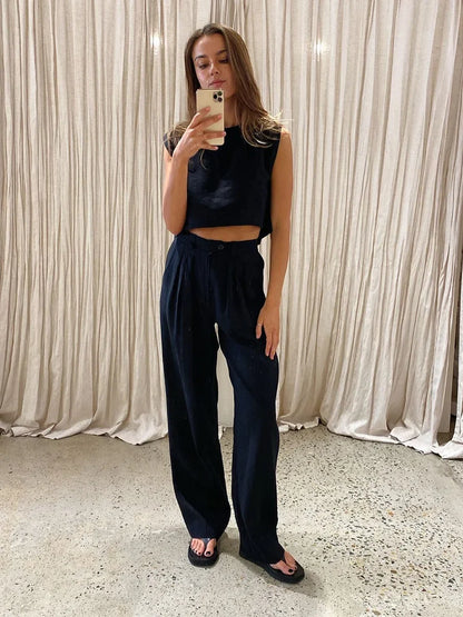 Women's Summer Cotton Linen Vest Pants Set Office Lady Chic Short Vest Casual Trousers Female Loose Long Pants Suits