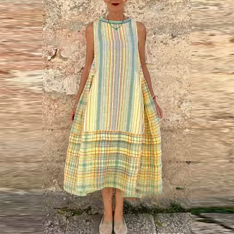 Vintage Striped Sleeveless Vacation A line Dresses Women's Elegant Printing Loose Fashionable Pullover Beach Dress For Women New