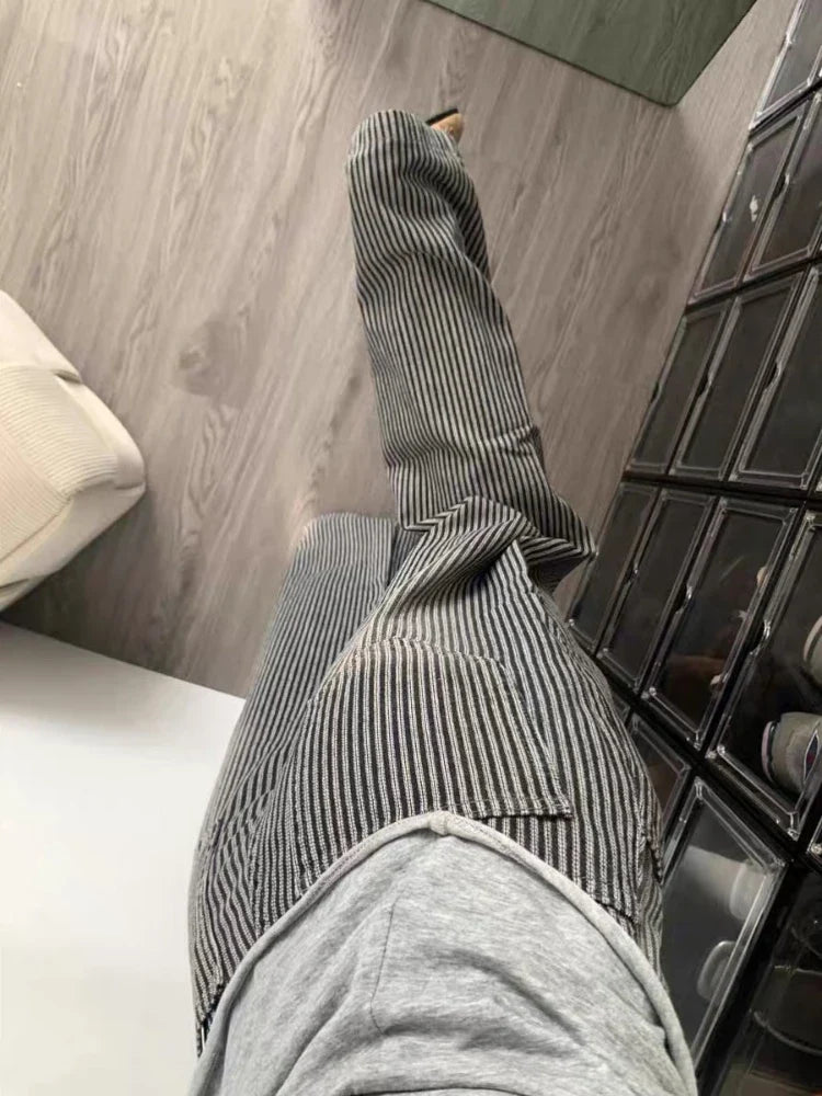 Y2k Vintage Striped Jeans Women Punk Hip Hop Grunge Baggy Denim Trousers High Waist Streetwear Straight Wide Leg Jeans