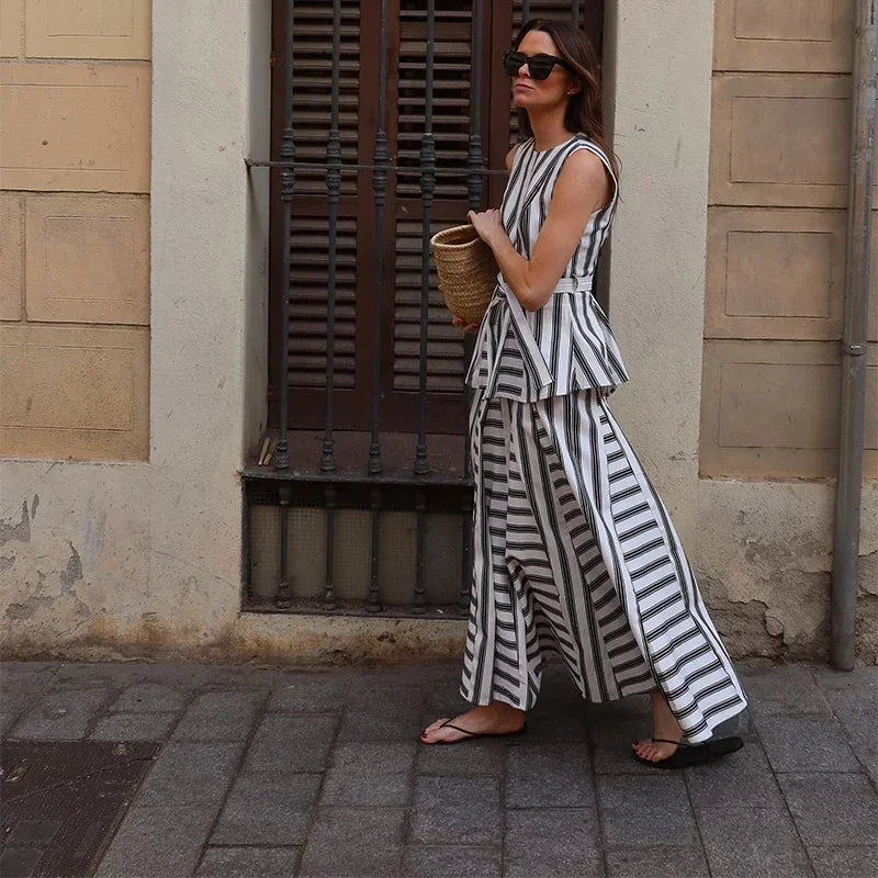 Casual Striped Vest Skirt Suits Women O-neck Sleeveless Bow Tops Pleated Long Skirts 2025 Summer Chic Office Lady Sets New
