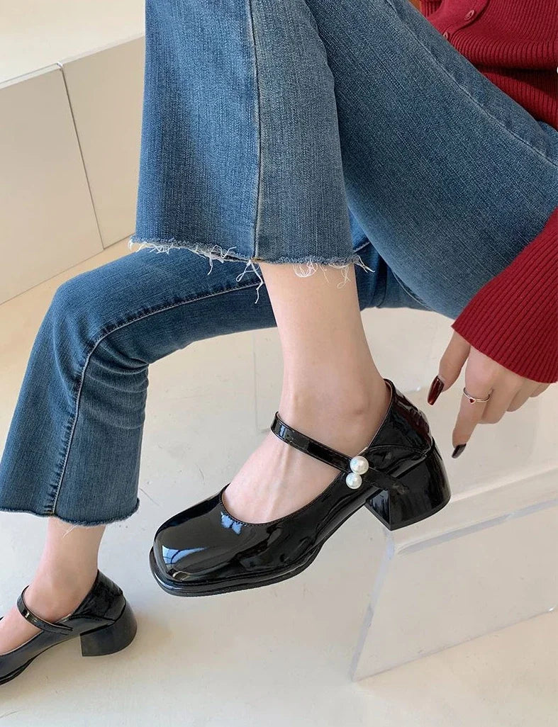 Pearl Square Toe Beige Women's Shoes Mary Jane With Medium Heels Chunky Luxury Leather Casual Japanese Style Lolita Gothic E 39