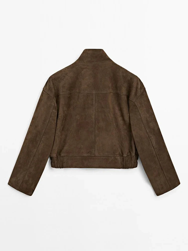 Zipper Suede Cargo Jacket Coat Button Lapel Maillard Slimming Workwear Leather Jackets Casual Short Outwear Commute Overcoat