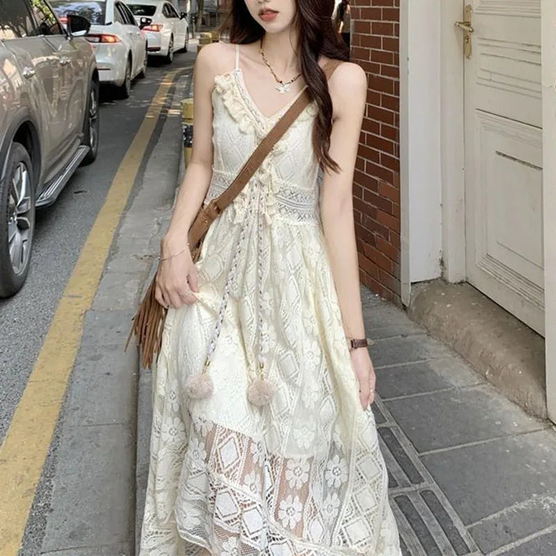 Crochet Vest Ethnic Suspender Dress Long V-neck Tassel Waist Dresses