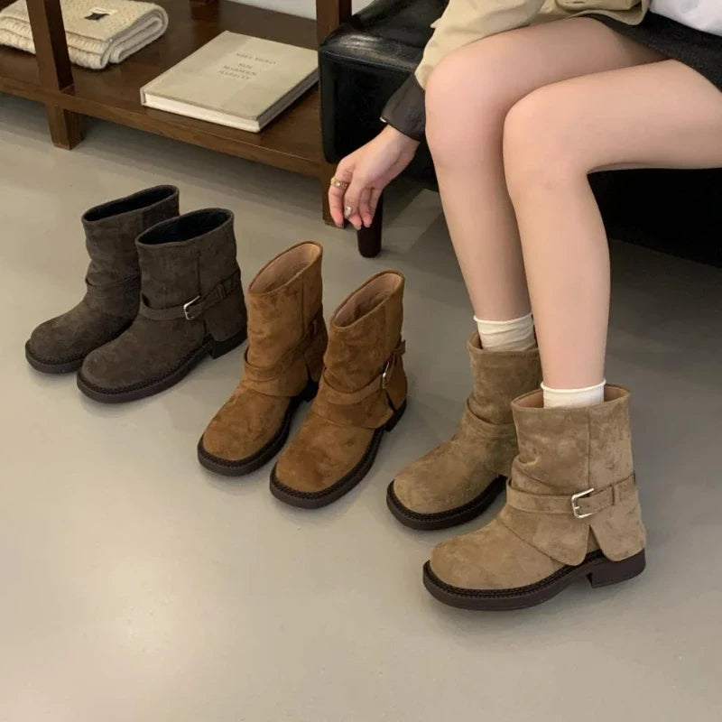 Fashion Metal Buckle Decoration Design Ankle Boots Women High Quality Retro Faux Suede Boots Comfortable Non-Slip Platform Boots