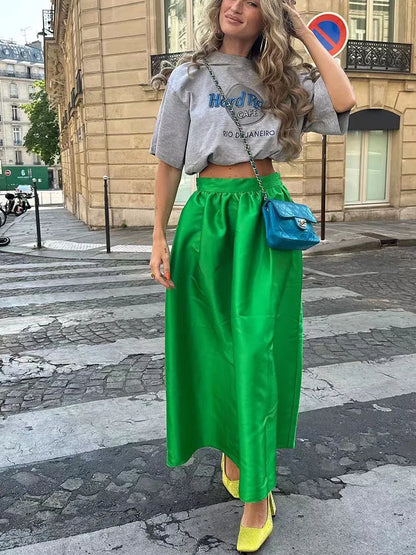 Silk Patchwork High Waist Long Skirt Women's Summer Solid Color Skirt Fashion Simple Loose New Women's Long Skirt 2024