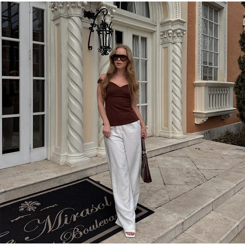 Women's Suit Solid Off Shoulder Backless Waist Cinching Sleeveless Top Straight Trousers Female 2 Pieces Summer Matching Sets