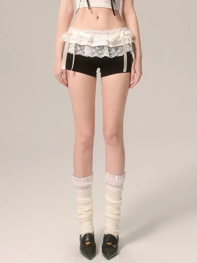 Lace Patchwork Black Shorts Women Bow Elastic Waist Sexy Girl Tight Short Pants Summer Ballet Style Chic Kawaii Clothes