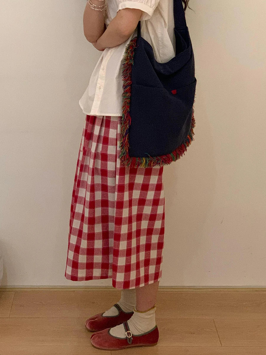 Women Tartan Oversize Casual Wide Pants Pockets Elastic Waist Plaid Cotton Linen Straight Baggy Jorts Summer Korean Clothes