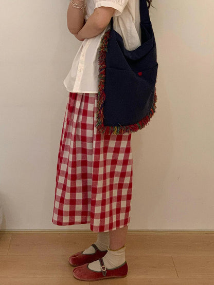 Women Tartan Oversize Casual Wide Pants Pockets Elastic Waist Plaid Cotton Linen Straight Baggy Jorts Summer Korean Clothes
