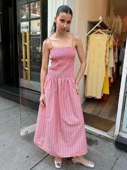 Summer Striped Holiday Long Dress Women Elegant Fashion Sleeveless Sling Dresses Female Casual Simple A-line Vestidos 2024 New