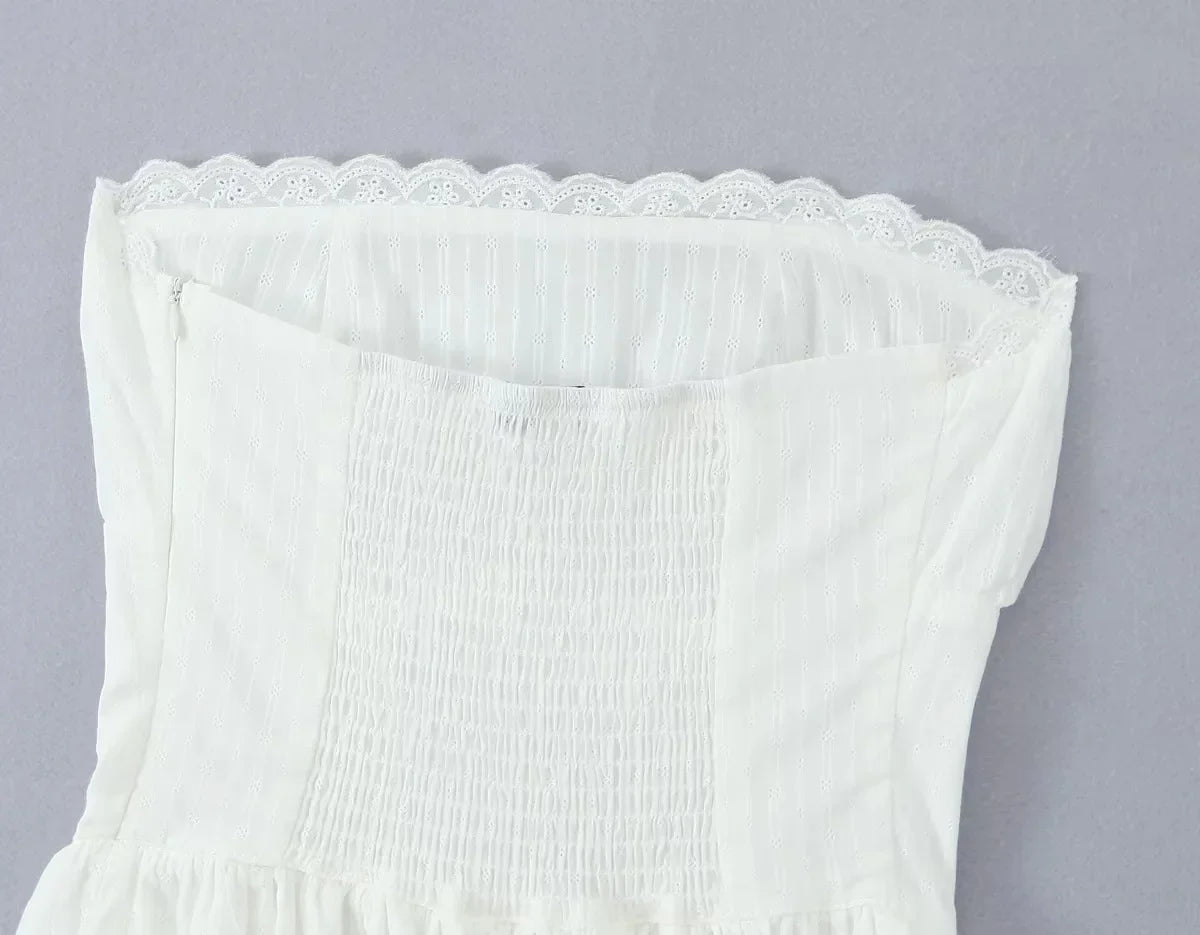 Lace Trim Patchwork White Dresses For Women New Strapless Sleeveless Tiered Mini Dress Summer Sweet Fashion Sexy A-line Vestidos