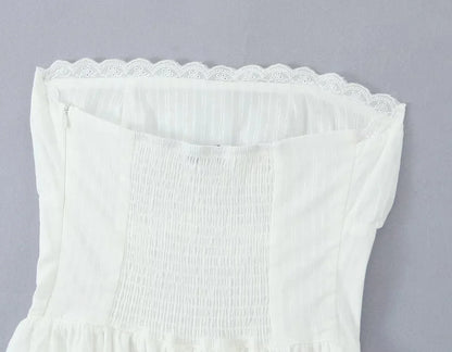Lace Trim Patchwork White Dresses For Women New Strapless Sleeveless Tiered Mini Dress Summer Sweet Fashion Sexy A-line Vestidos