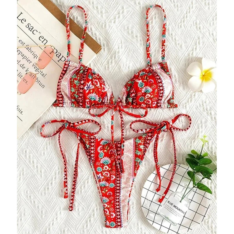 New Floral Print String Bandage Bikinis Triangle Cup Push Up Swimsuit Women Bathing Suit Beachwear Halter Swimwear XS