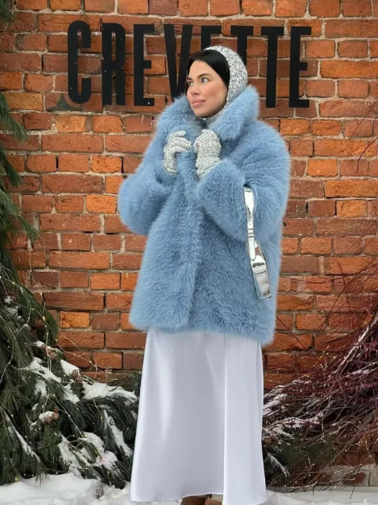 Luxury Thick Warm Women Coats Turn-down Collar Faux Fur Pocket Jackets Outwears Autumn Winter Soft Fluffy Ladies Overcoat