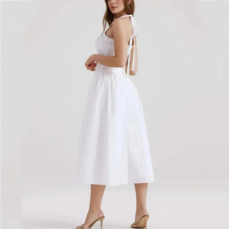 Halter Neck Lace Trim Corset Panel Pleated Fit and Flare Midi Dress