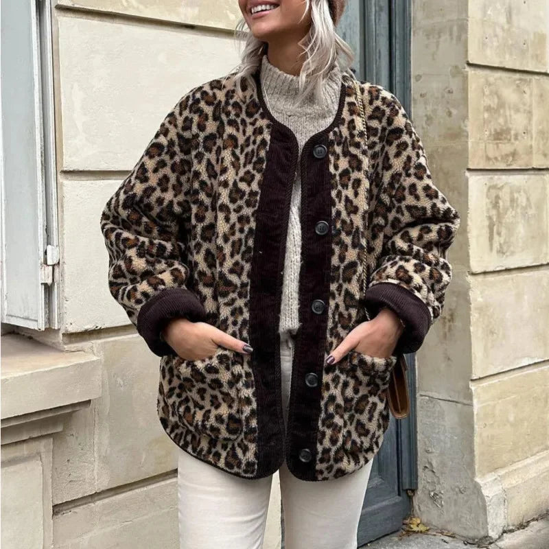 Vintage Leopard Print Single Breasted Jacket Women Elegant O Neck Long Sleeves Pocket Coat New Fashion Lady Warm Outerwear